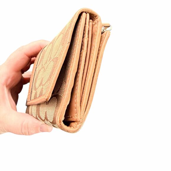 Coach Signature Canvas Tan Leather Trifold Wallet Khaki Beige - Picture 4 of 12